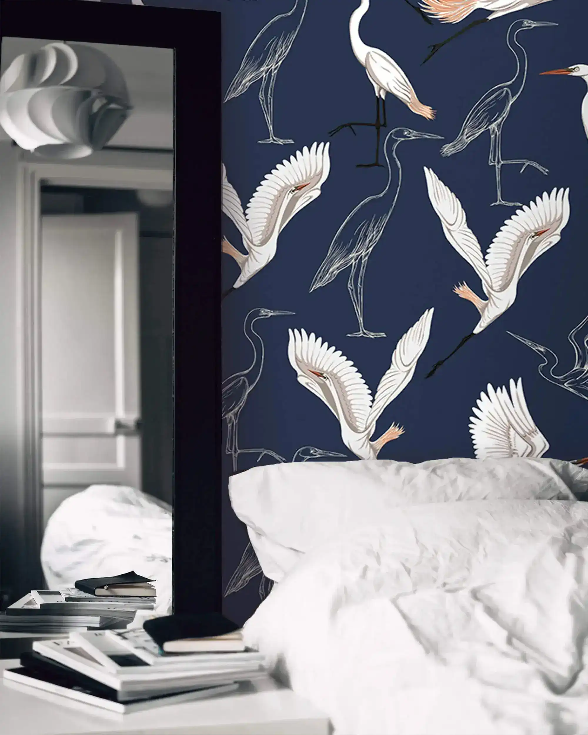 Vibrant Crane Silhouette Navy Wallpaper - Image 5