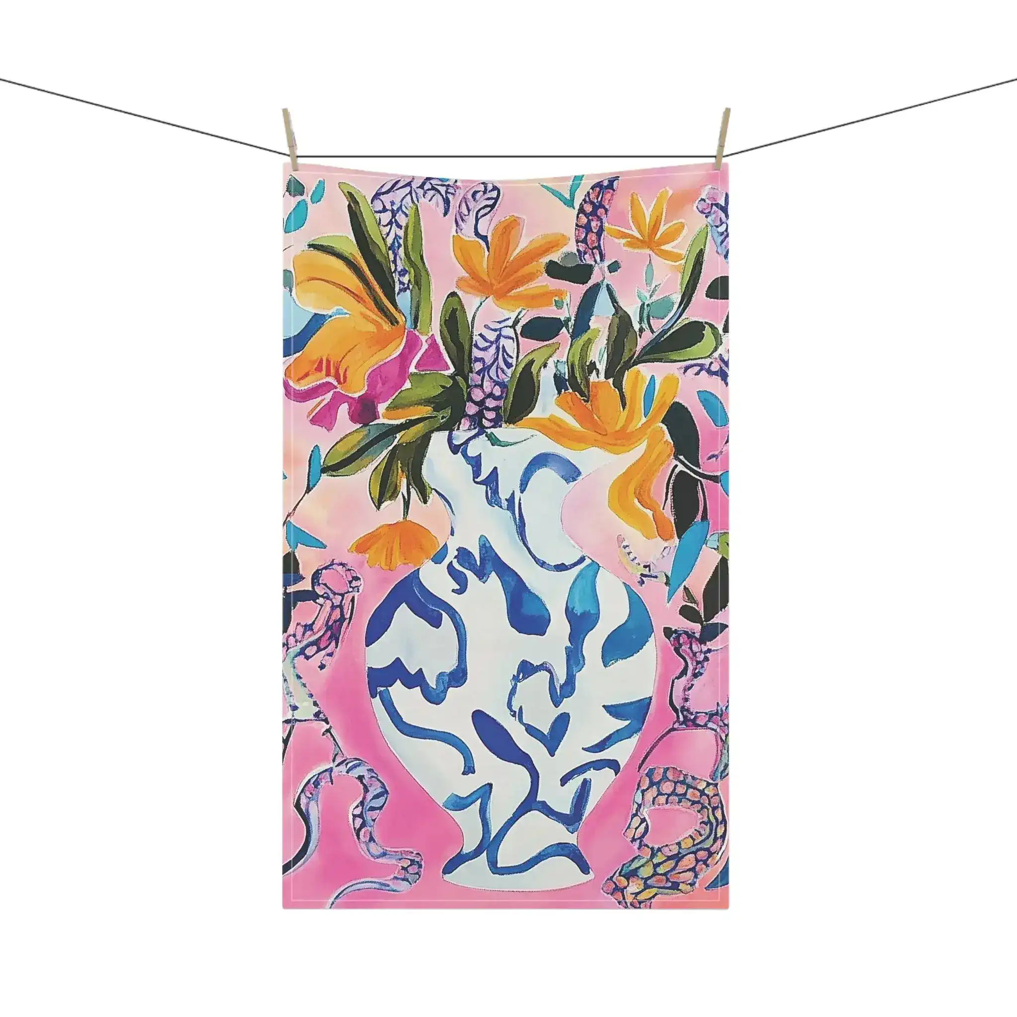Vibrant Floral Bouquet in Blue Vase Kitchen Towel - Image 4