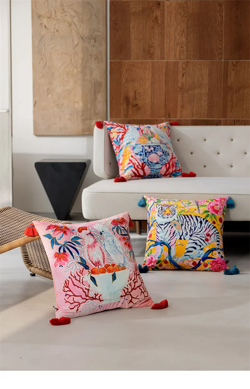 Vibrant Regal Tiger Pillow Cover with Blue colored Tassels - Image 2