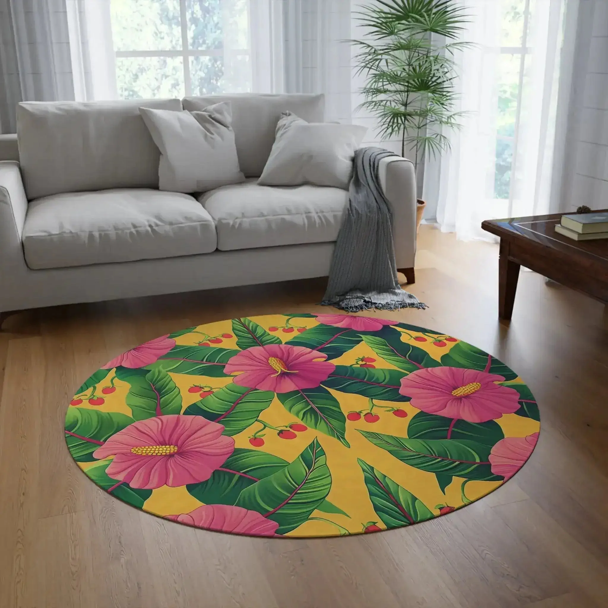 Vibrant Tropical Hibiscus and Cherry Floral Round Rug - Image 2