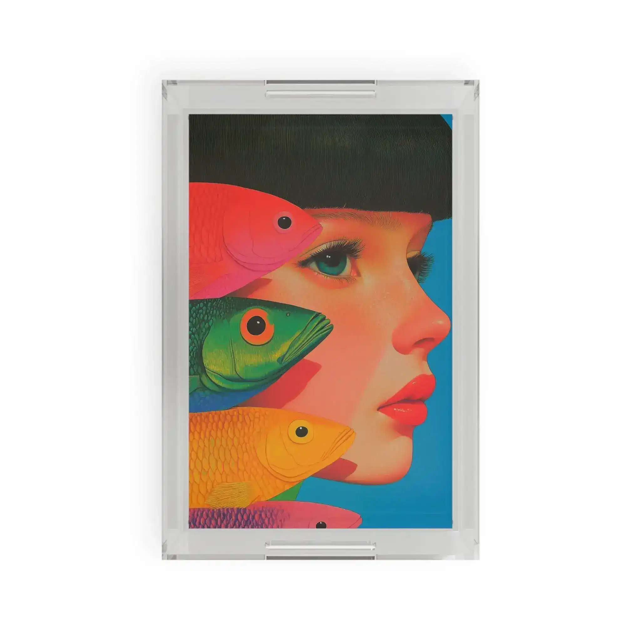 Vibrant Vision Surreal Girl & Multicolor Fish Art Serving Tray