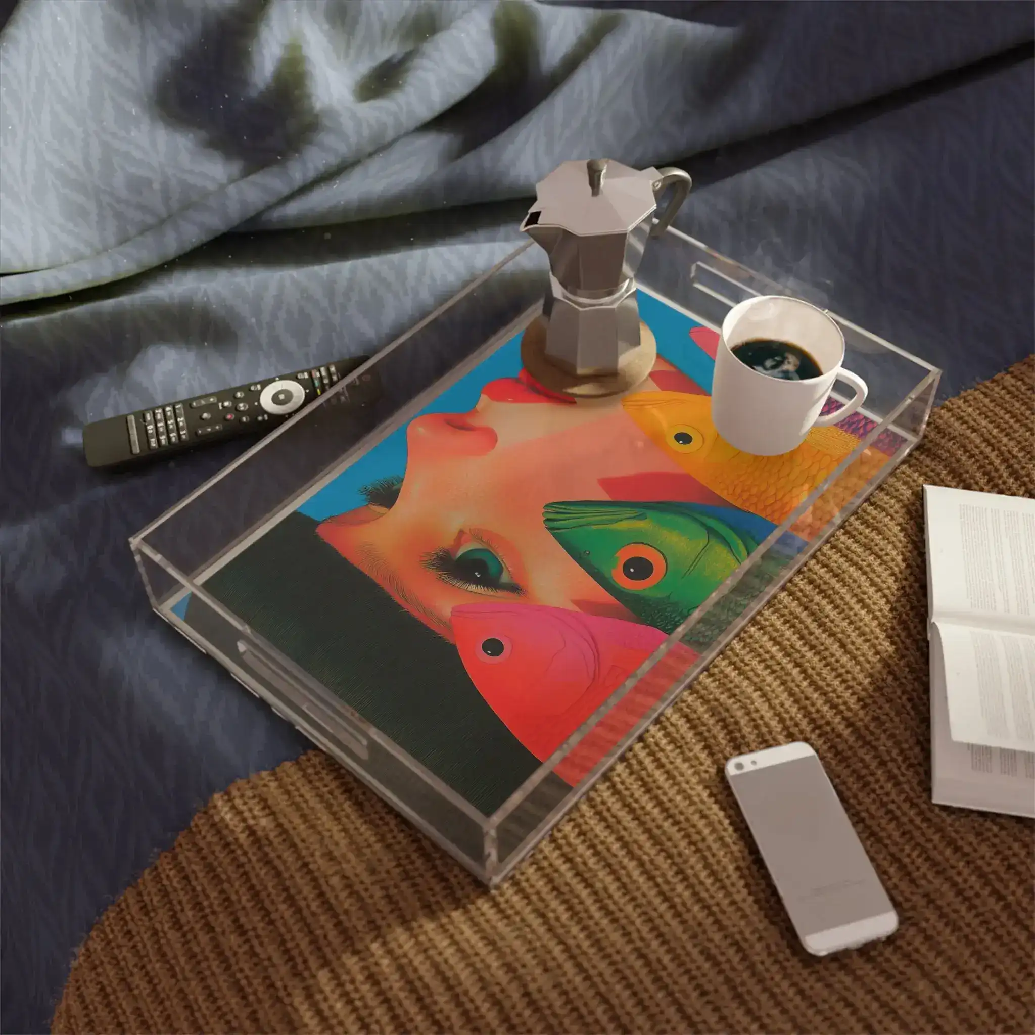 Vibrant Vision Surreal Girl & Multicolor Fish Art Serving Tray - Image 2