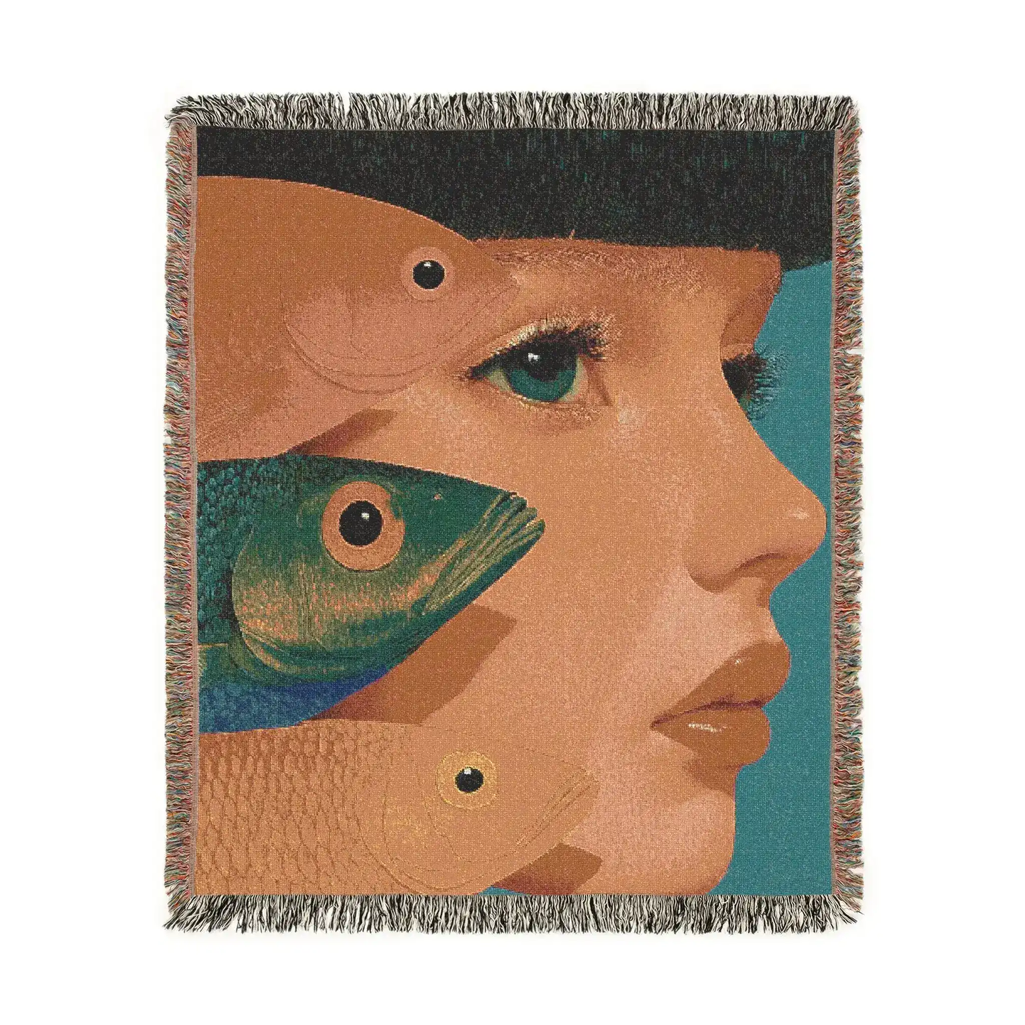 Vibrant Vision Surreal Girl & Multicolor Fish Art Woven Blanket - Image 2