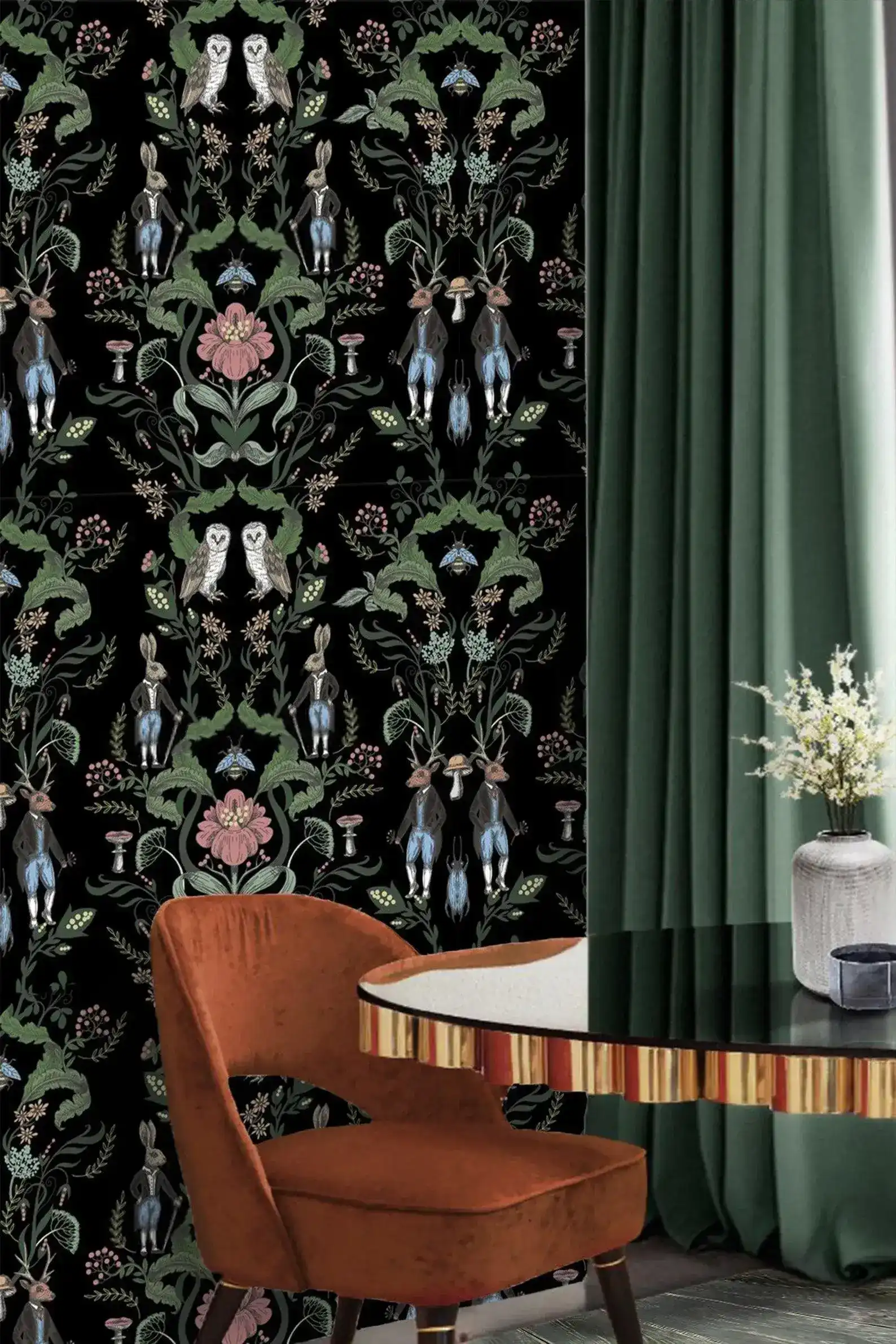Vintage Fairy Animals Botanical Art Deco Floral Wall Paper - Image 2