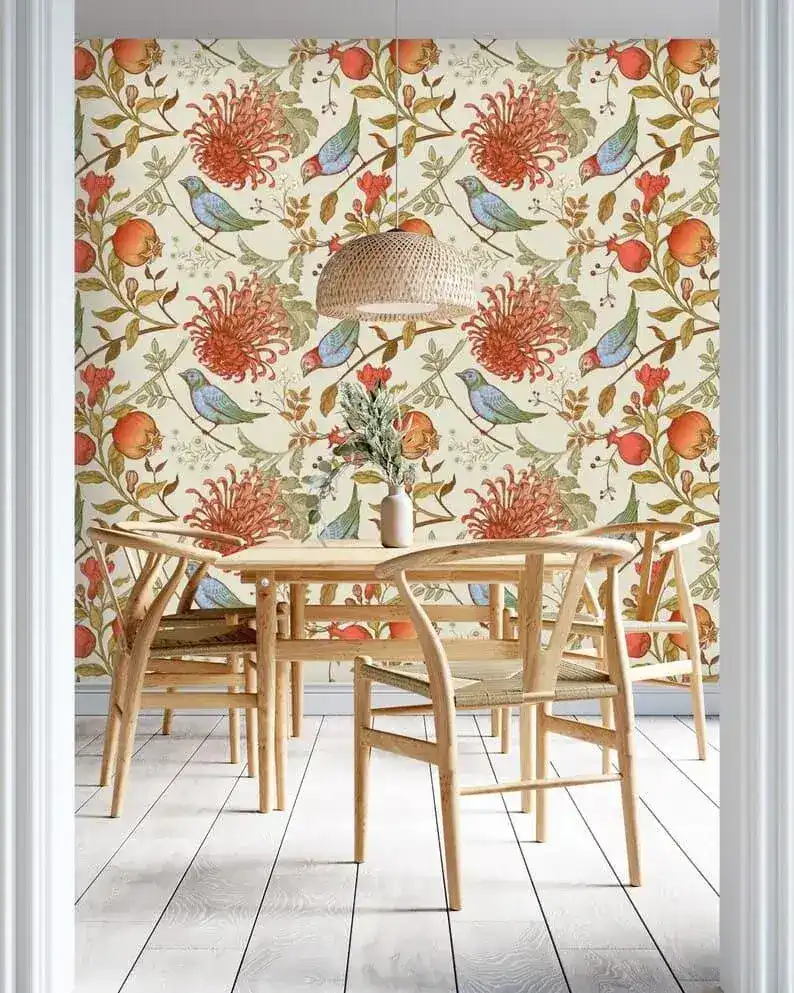 Vintage Orange Floral and Birds Wallpaper