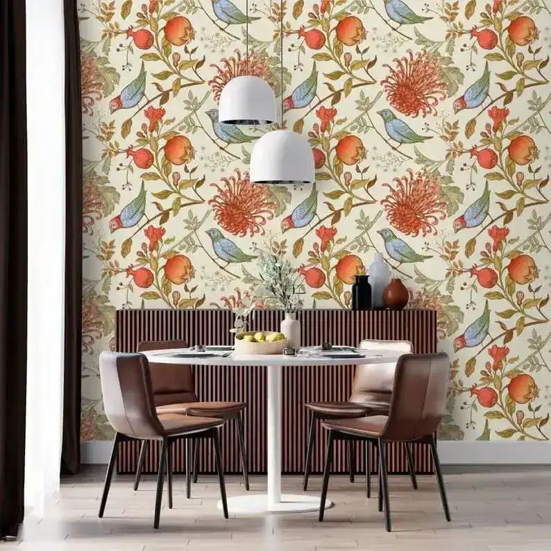 Vintage Orange Floral and Birds Wallpaper - Image 3