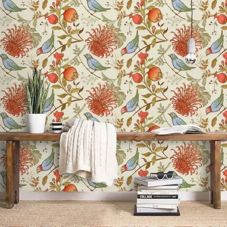 Vintage Orange Floral and Birds Wallpaper - Image 4