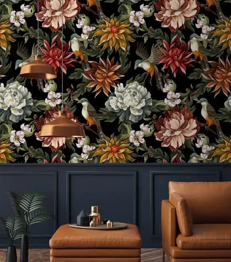 Vintage Oversized Exotic Flowers and Birds on Black Wallpaper - Image 2