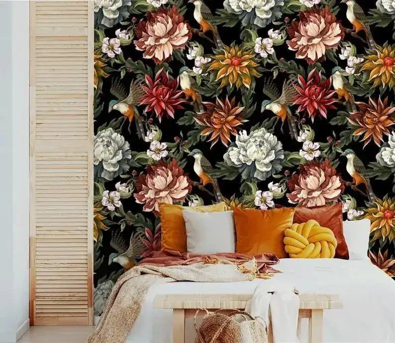 Vintage Oversized Exotic Flowers and Birds on Black Wallpaper - Image 3