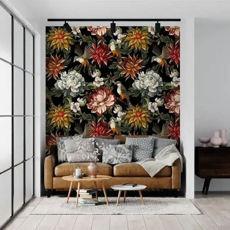 Vintage Oversized Exotic Flowers and Birds on Black Wallpaper - Image 4