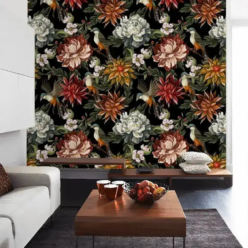 Vintage Oversized Exotic Flowers and Birds on Black Wallpaper - Image 5