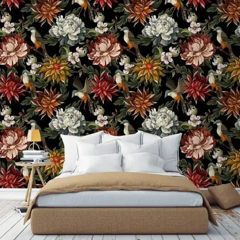 Vintage Oversized Exotic Flowers and Birds on Black Wallpaper - Image 6