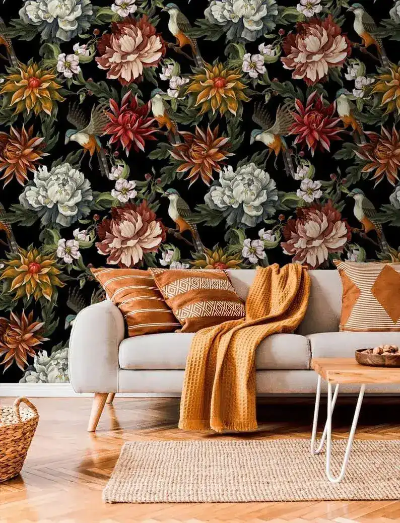 Vintage Oversized Exotic Flowers and Birds on Black Wallpaper - Image 7