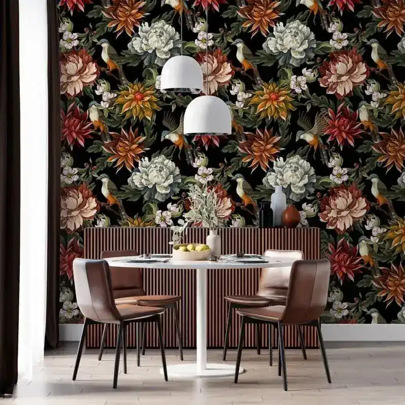 Vintage Oversized Exotic Flowers and Birds on Black Wallpaper - Image 8