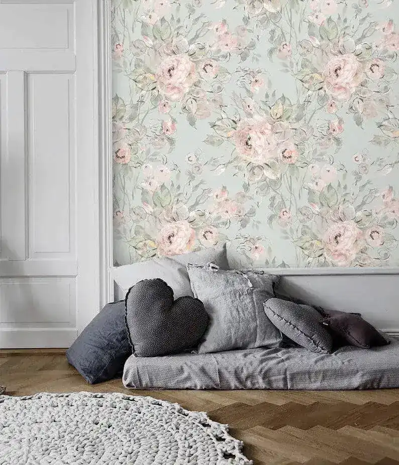 Vintage Pastel Pink and Gray Delicate Floral Wallpaper - Image 3