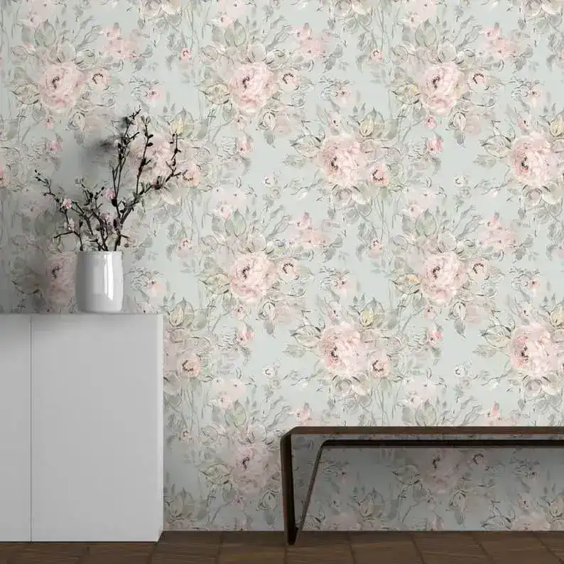 Vintage Pastel Pink and Gray Delicate Floral Wallpaper - Image 4