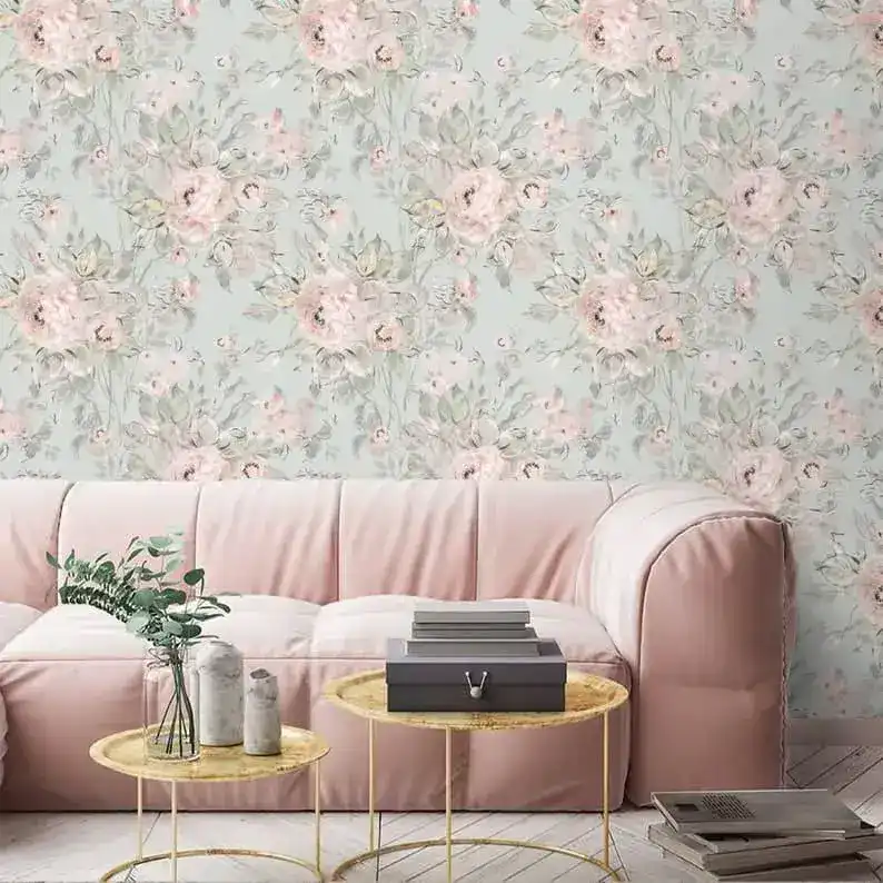 Vintage Pastel Pink and Gray Delicate Floral Wallpaper - Image 5