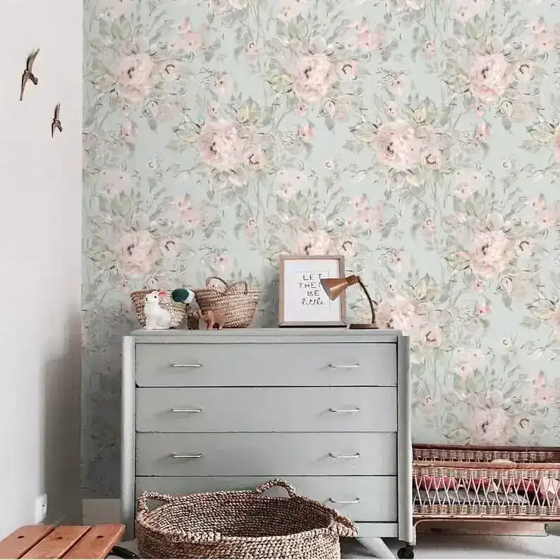 Vintage Pastel Pink and Gray Delicate Floral Wallpaper - Image 7