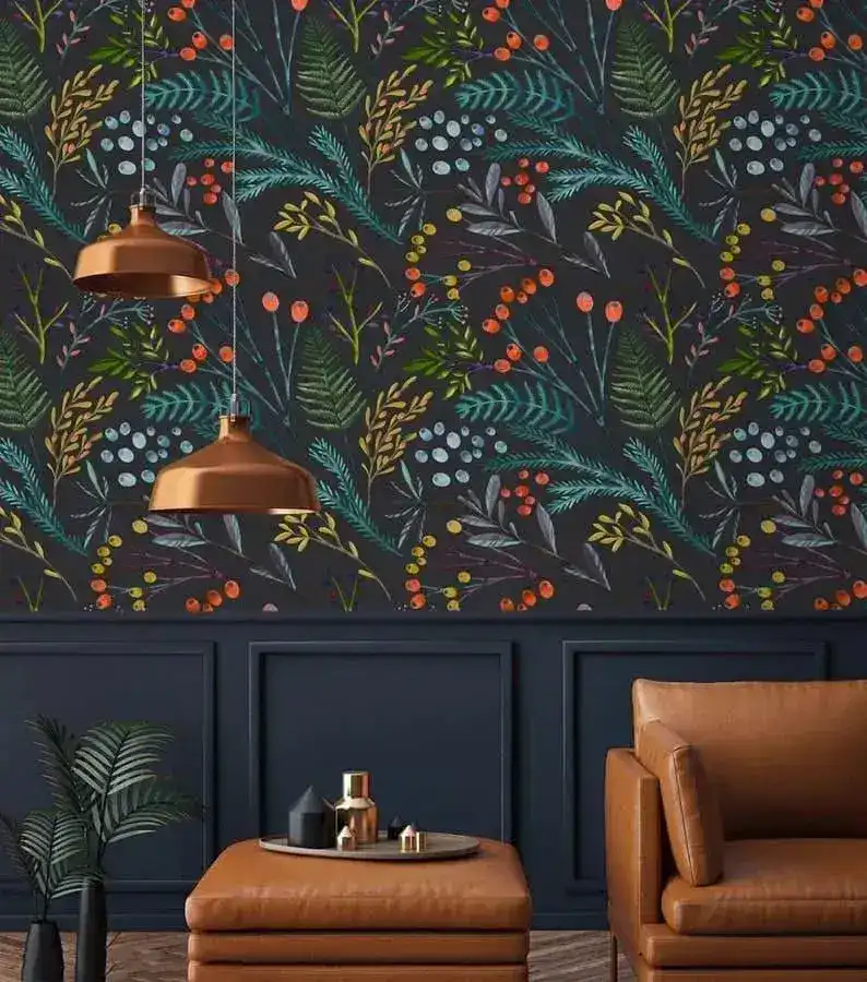Vintage Willows Leaves and Flowers on Dark Wallpaper - Image 3