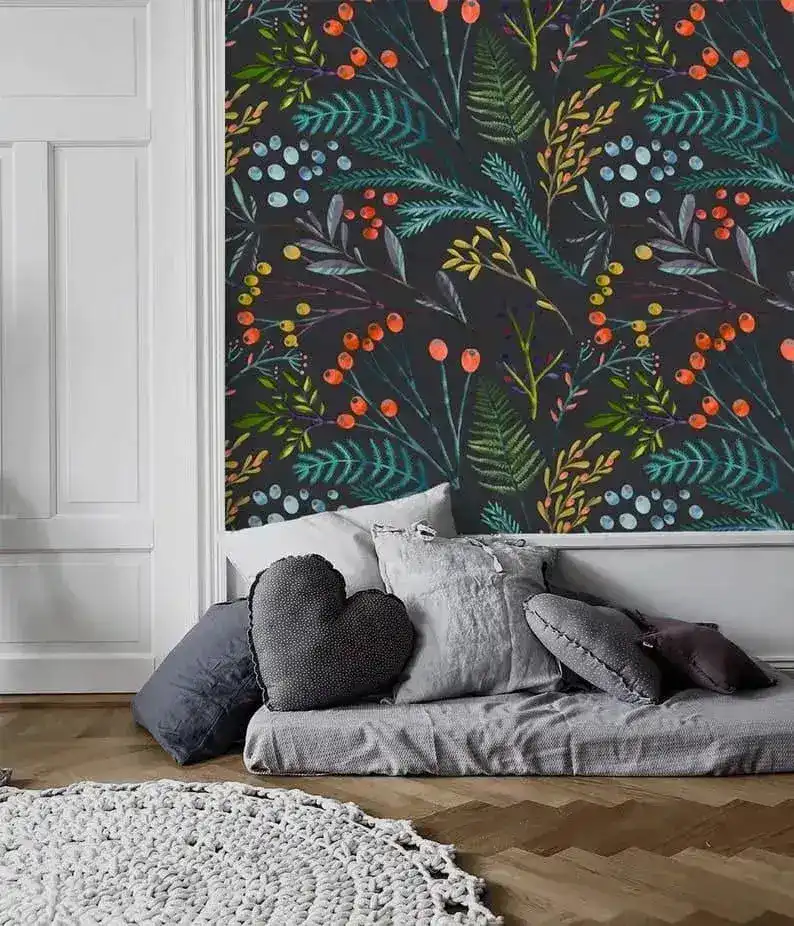 Vintage Willows Leaves and Flowers on Dark Wallpaper - Image 4