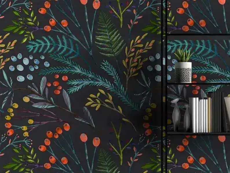 Vintage Willows Leaves and Flowers on Dark Wallpaper - Image 5