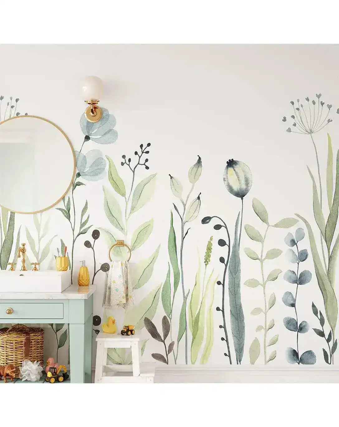 Watercolor Green and Blue Wildflowers Self Adhesive Wall Mural - Image 3
