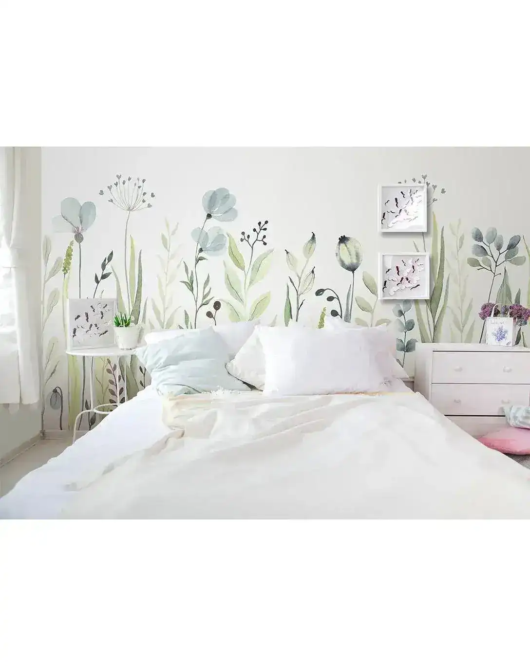 Watercolor Green and Blue Wildflowers Self Adhesive Wall Mural - Image 4