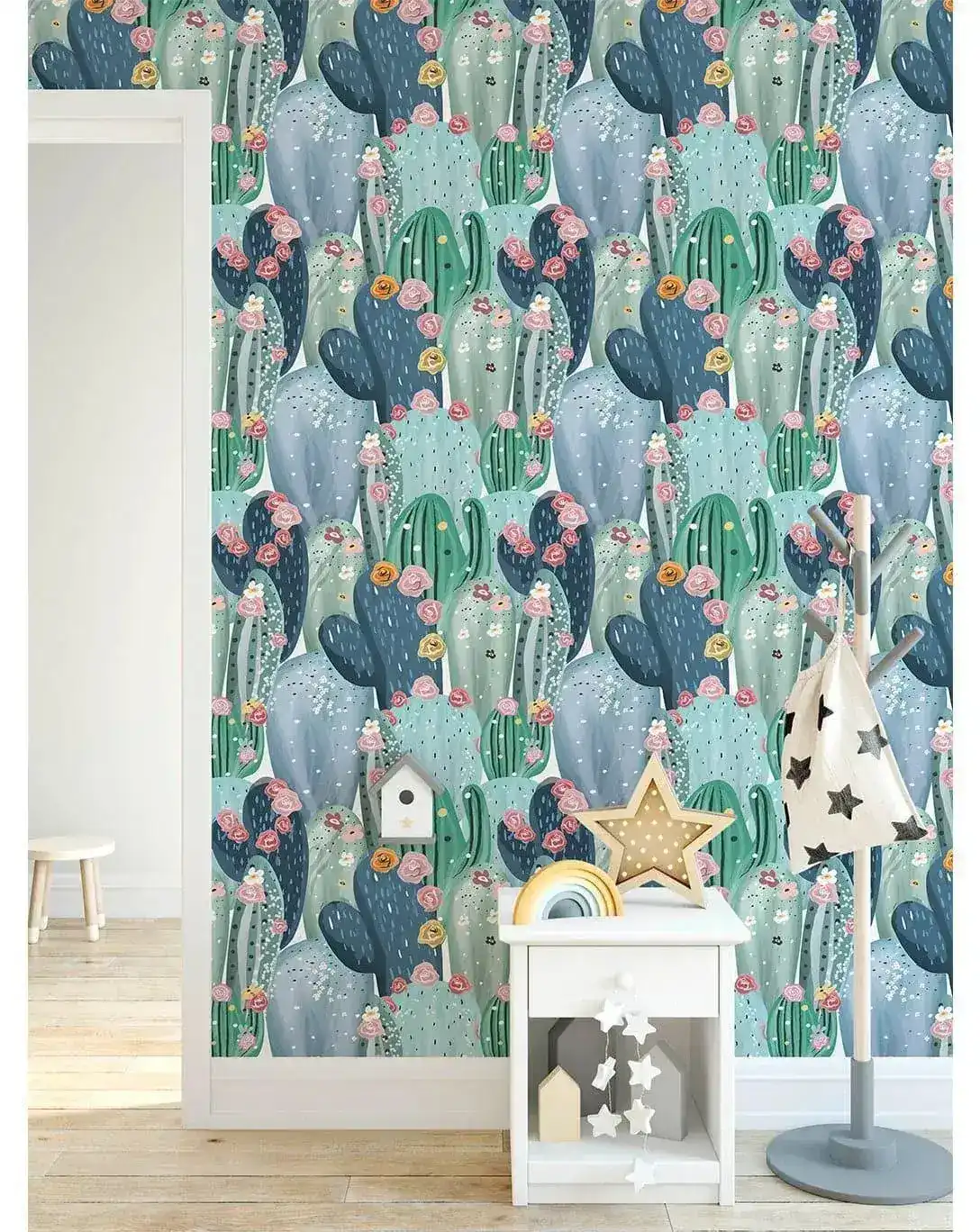 Watercolor Green Cactus Pink Flowers Removable Wallpaper - Image 2