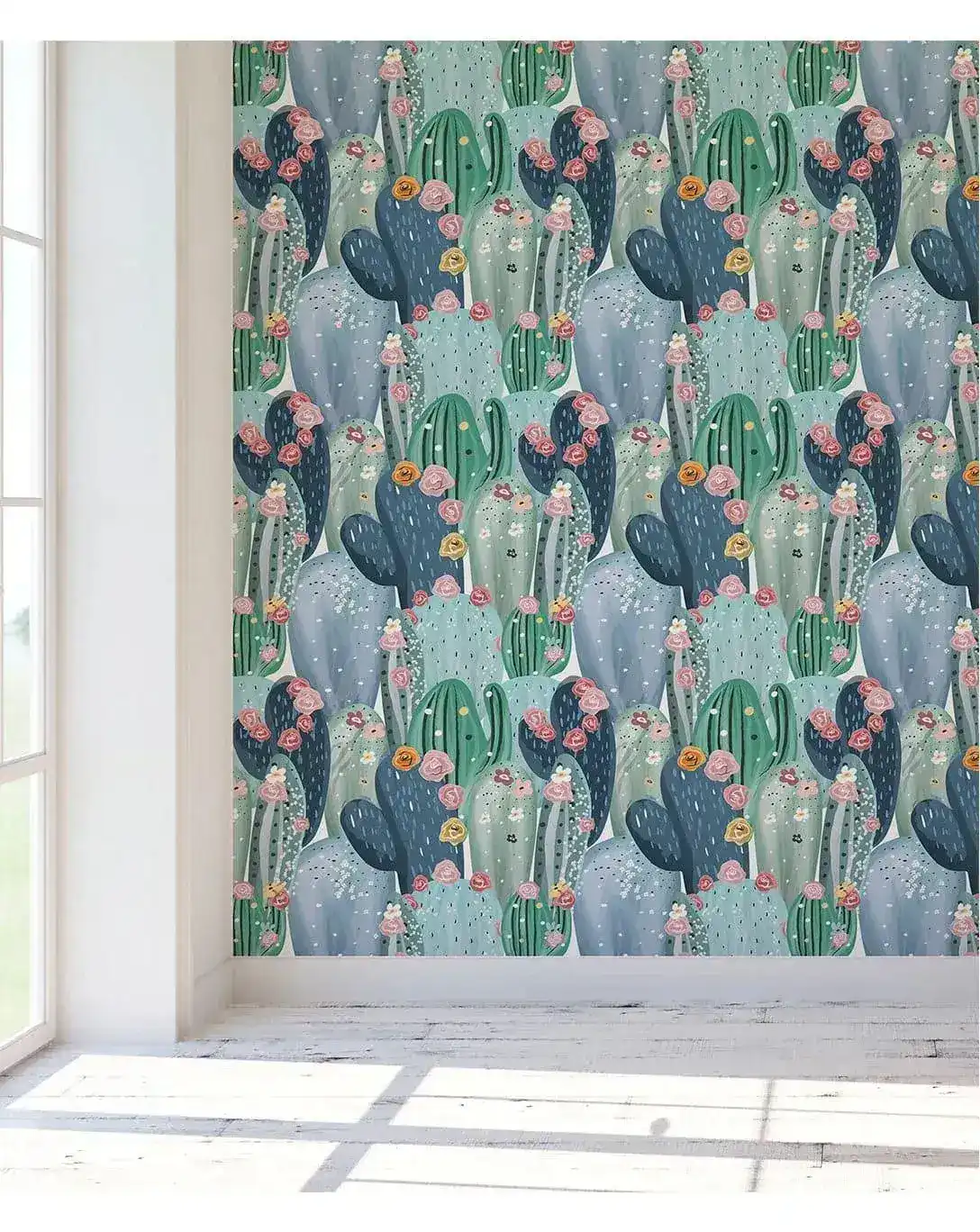 Watercolor Green Cactus Pink Flowers Removable Wallpaper - Image 3