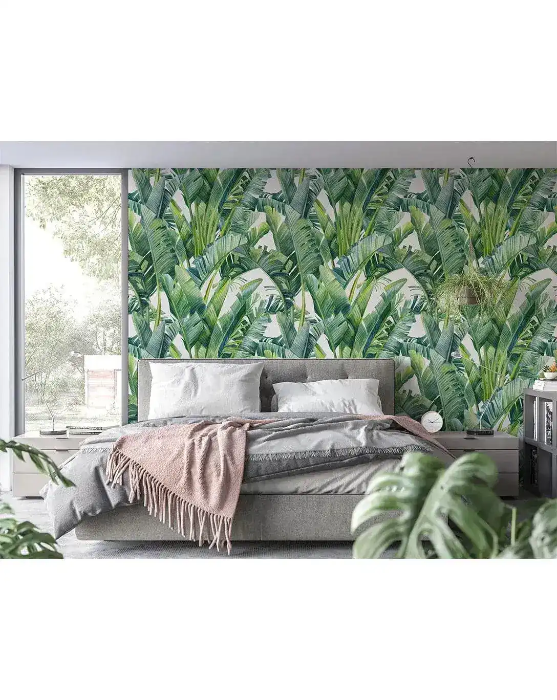 Watercolor Green Tropical Palm Banana Leaves Wallpaper - Image 2