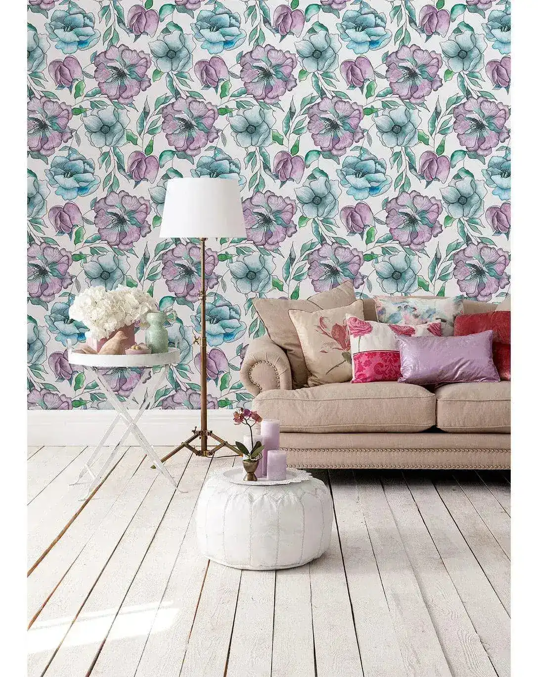 Watercolor Pink Blue Lilac Flowers Removable Wallpaper - Image 2