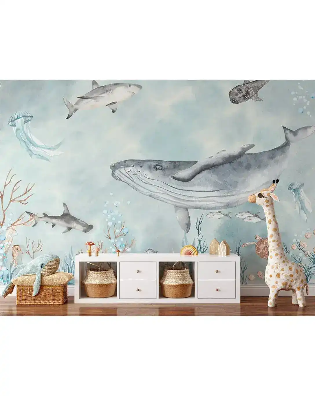 Watercolor Sea World Ocean Fish Turtle Dolphin Jellyfish Wall Mural - Image 4