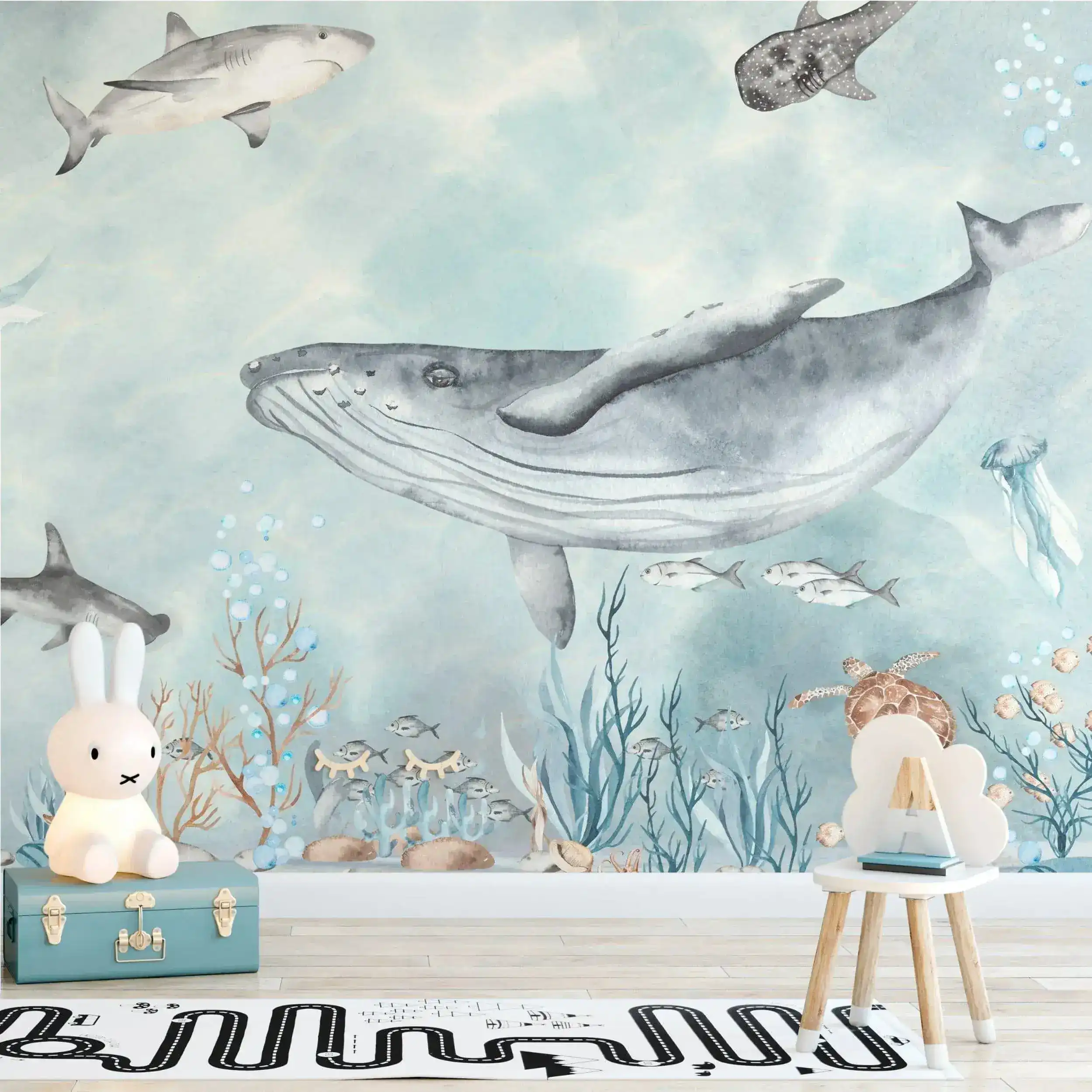 Watercolor Sea World Ocean Fish Turtle Dolphin Jellyfish Wall Mural - Image 5