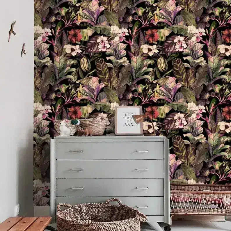 Watercolor Tropical Floral Dark Wallpaper - Image 3