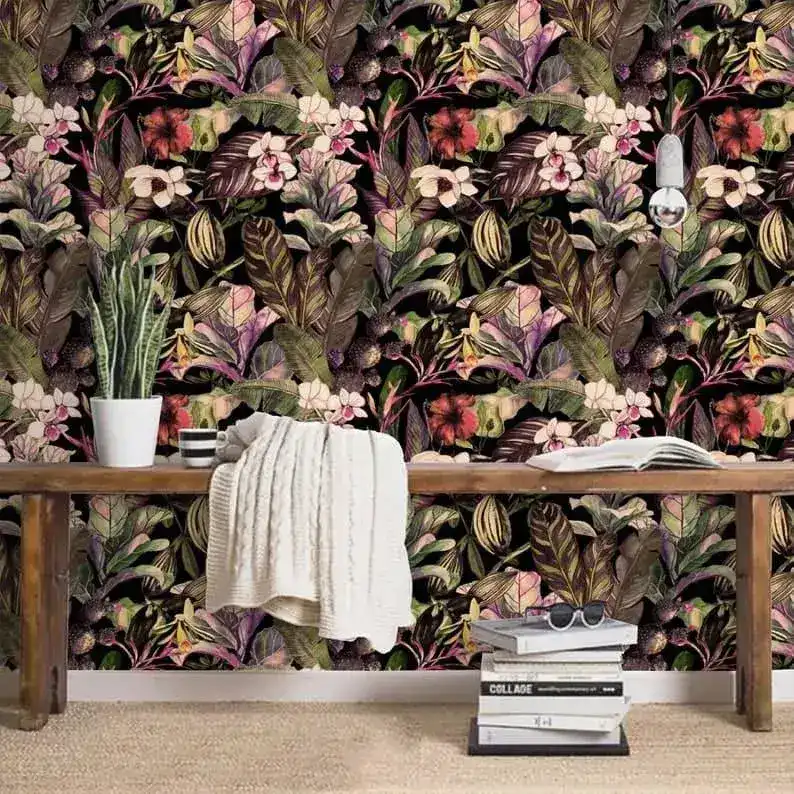 Watercolor Tropical Floral Dark Wallpaper - Image 4