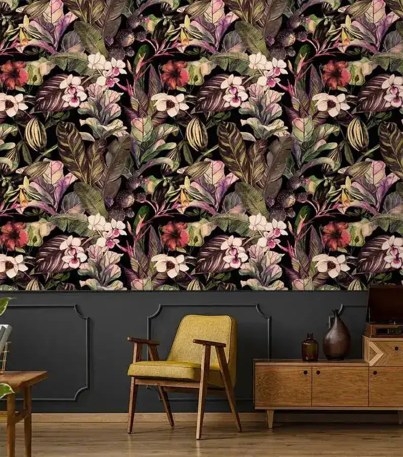 Watercolor Tropical Floral Dark Wallpaper - Image 7