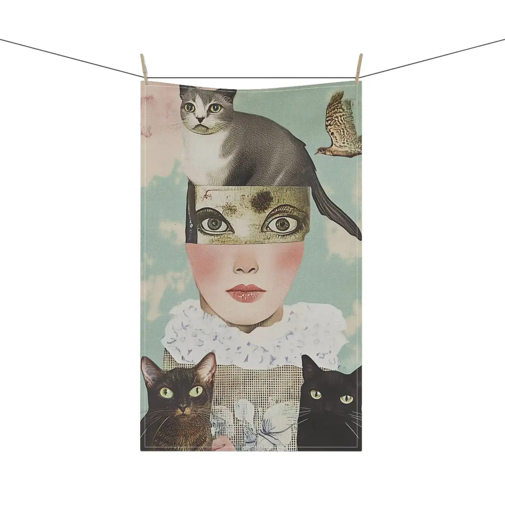 Whimsical Cat and Bird Collage Kitchen Towel - Image 4