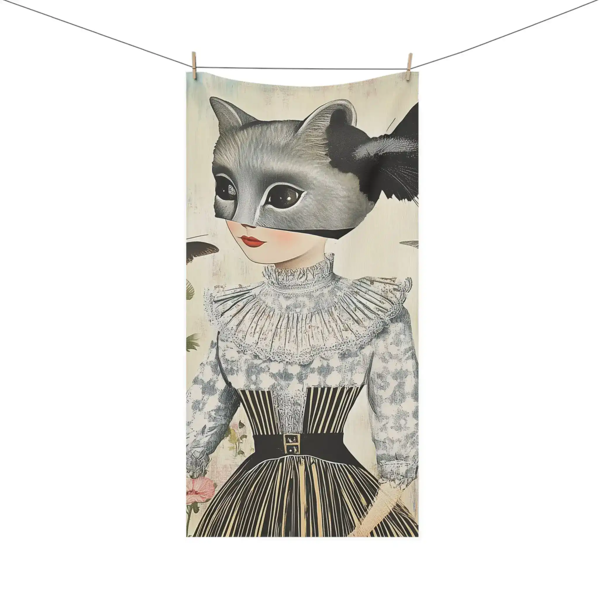 Whimsical Girl with Raccoon Mask and Butterflies Bath Towel - Image 3