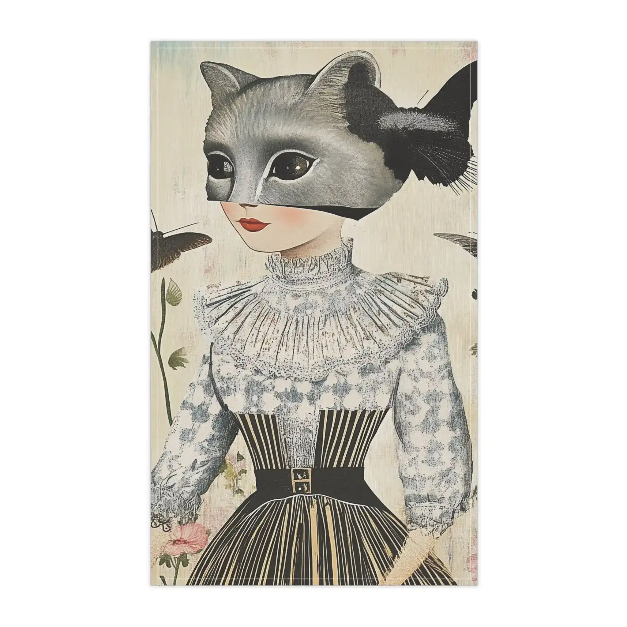 Whimsical Girl with Raccoon Mask and Butterflies Kitchen Towel