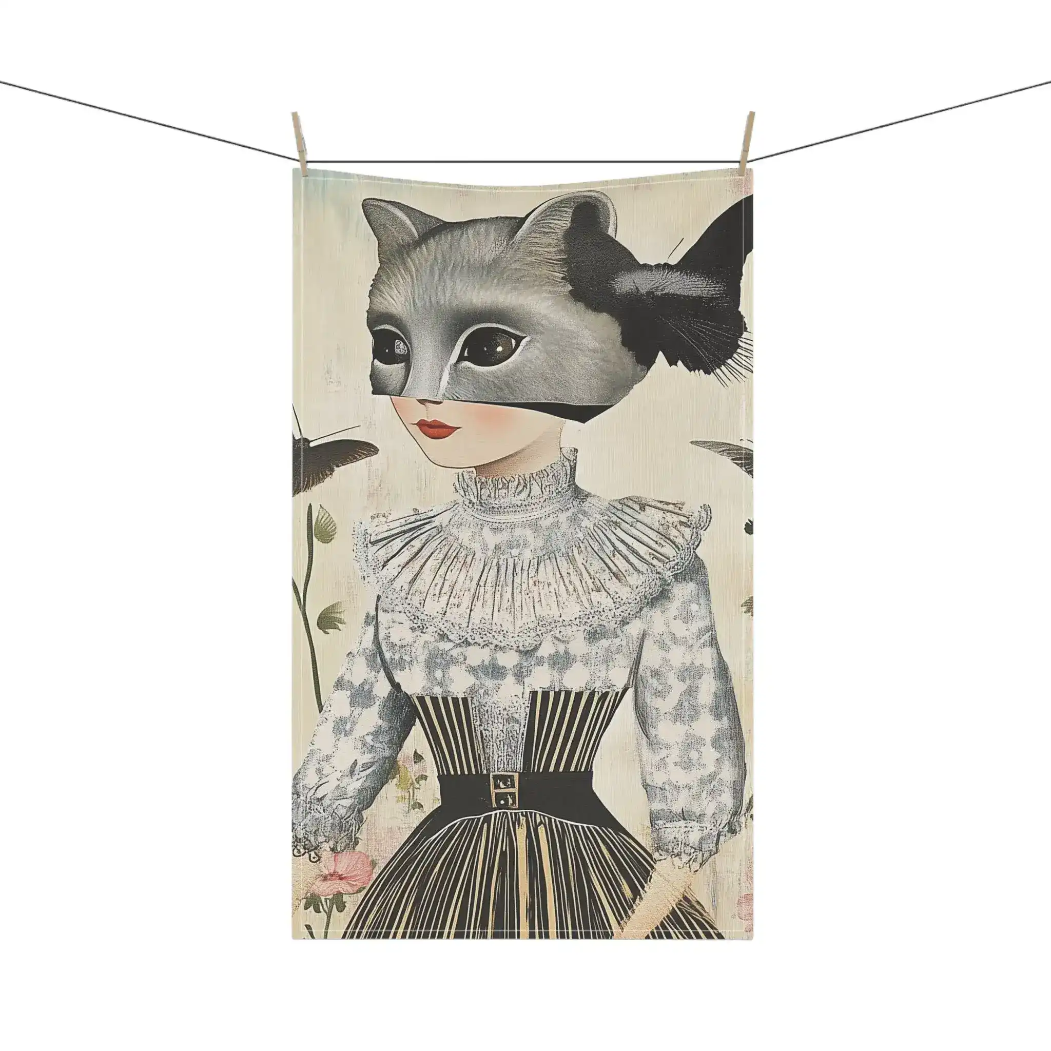 Whimsical Girl with Raccoon Mask and Butterflies Kitchen Towel - Image 4