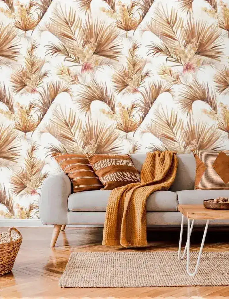 White and Brown Palm Leaves Floral Wallpaper - Image 4