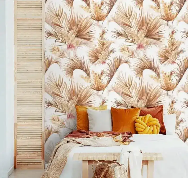 White and Brown Palm Leaves Floral Wallpaper - Image 5