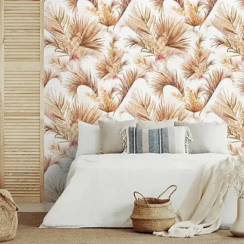 White and Brown Palm Leaves Floral Wallpaper - Image 8