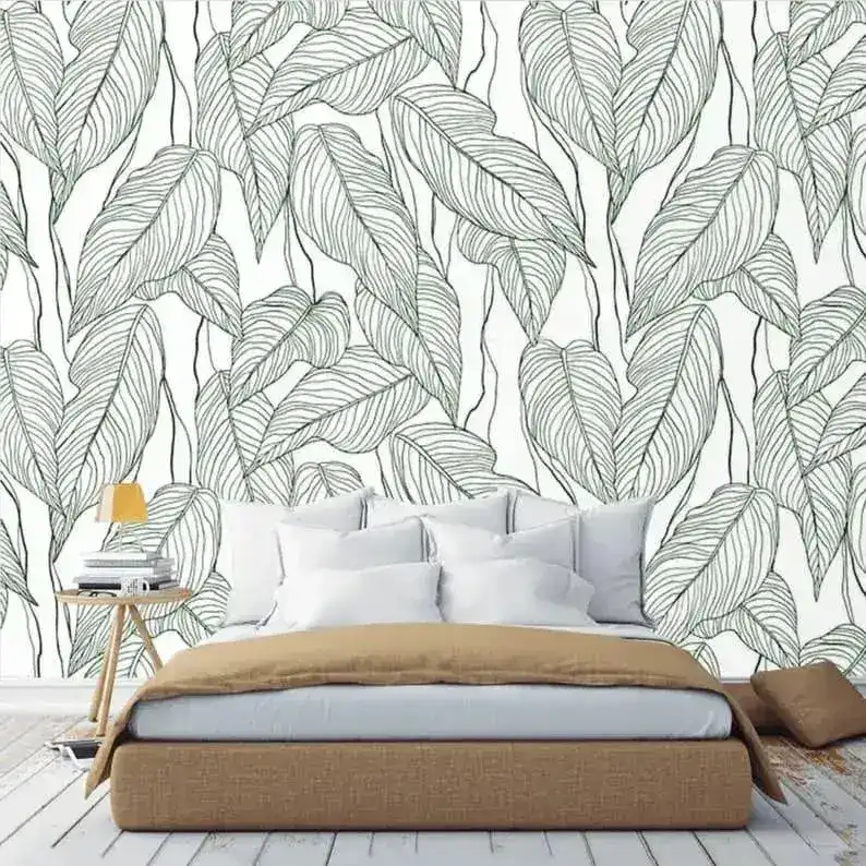 White and Green Oversized Monstera Leaves Wallpaper - Image 6