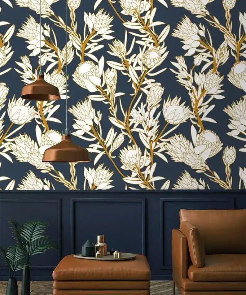 White and Navy Floral Protea Wallpaper - Image 4