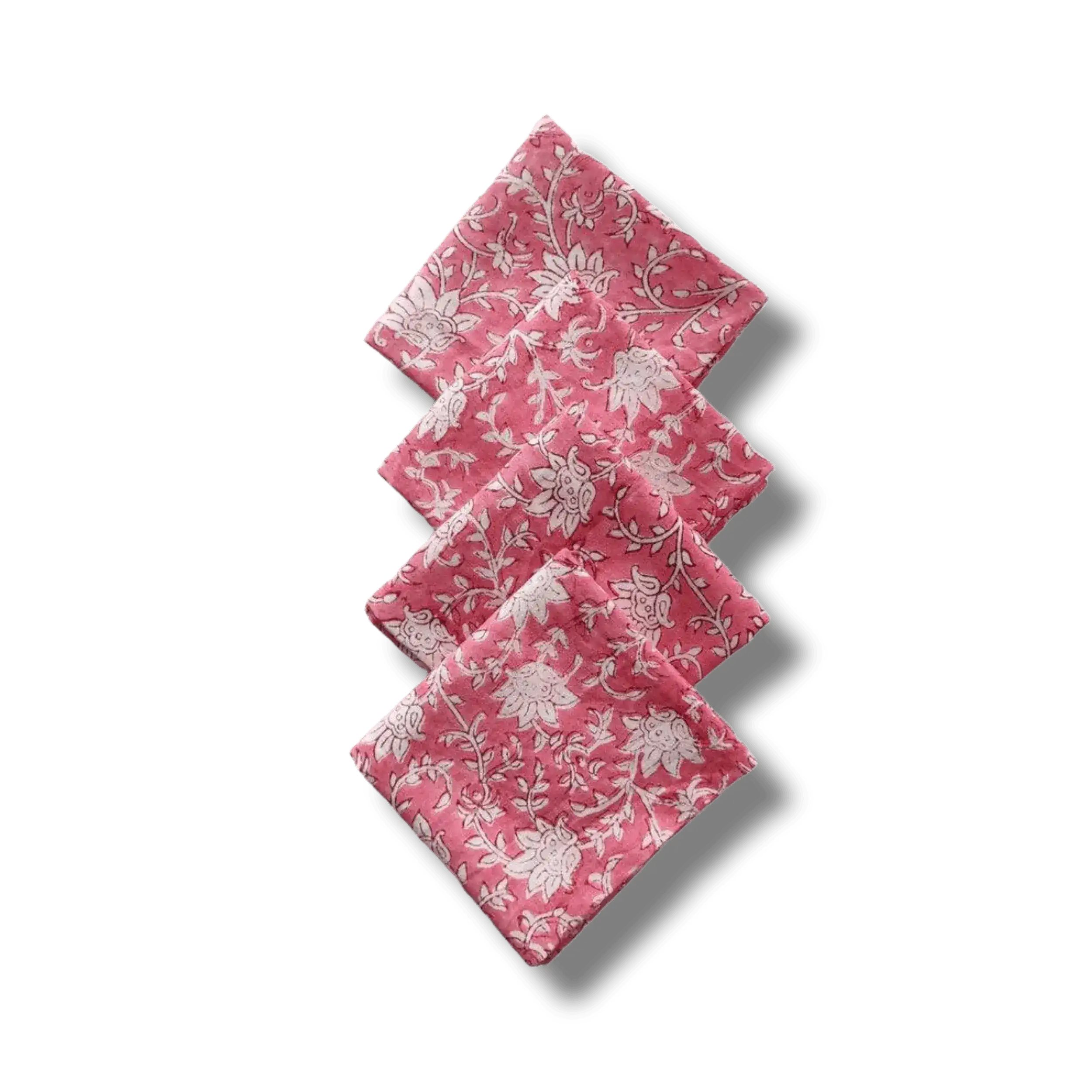 White and Pink Floral Block Printed Cotton Napkins