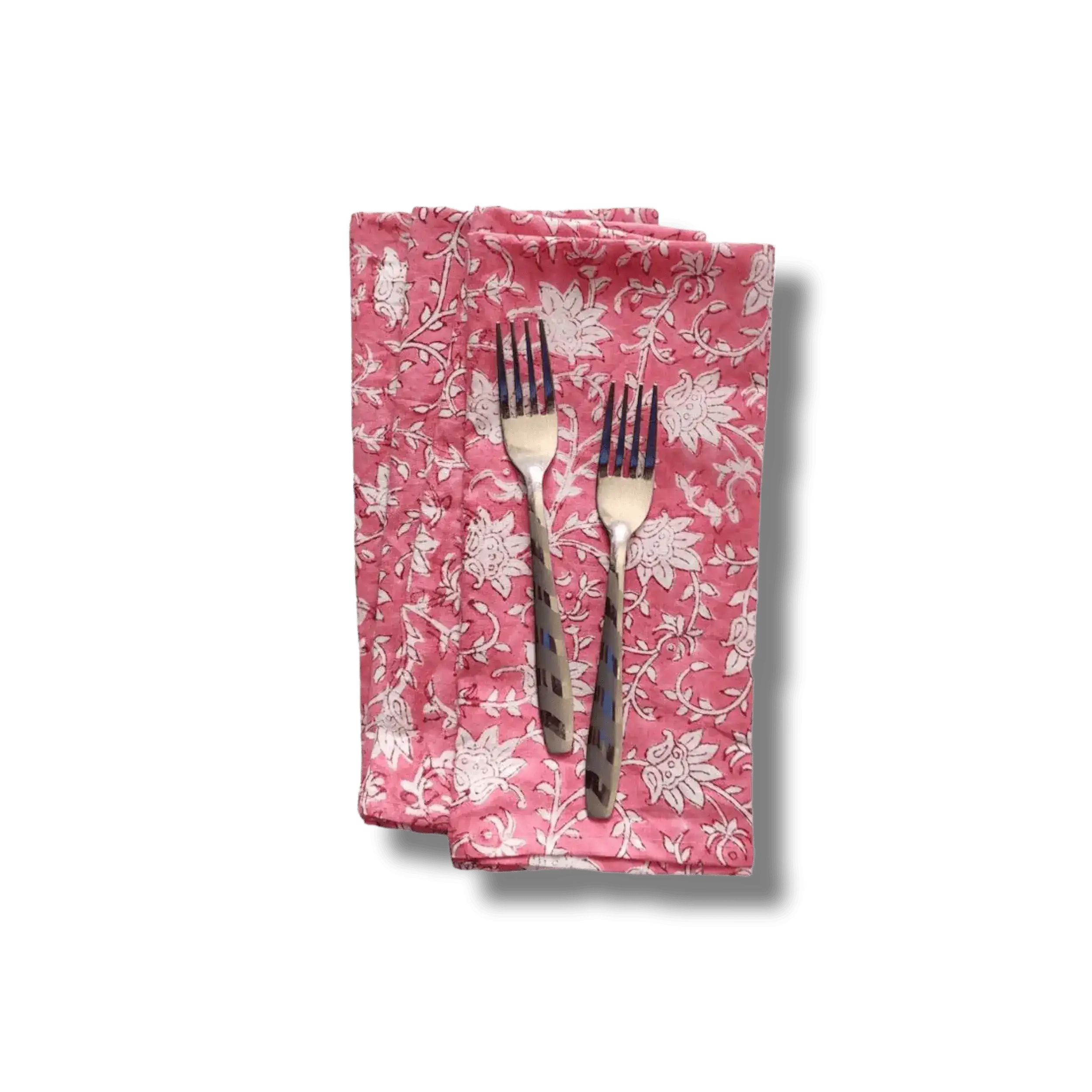 White and Pink Floral Block Printed Cotton Napkins - Image 2