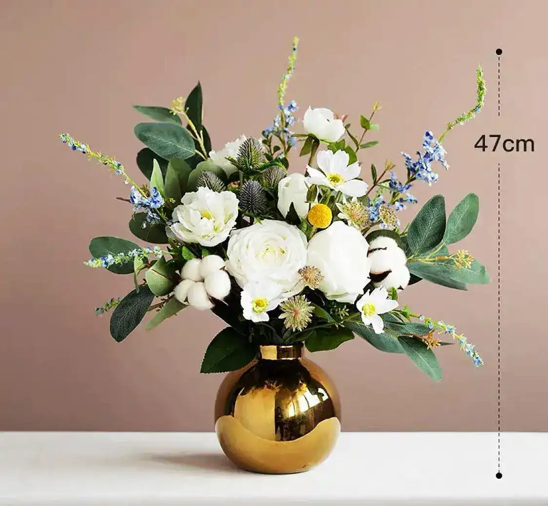 White Cotton Rose Floral Arrangement in a Gold Pot - Image 3