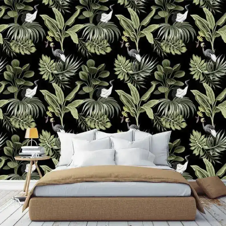 White Cranes and Dark Tropical Plant Leaves Wallpaper - Image 2