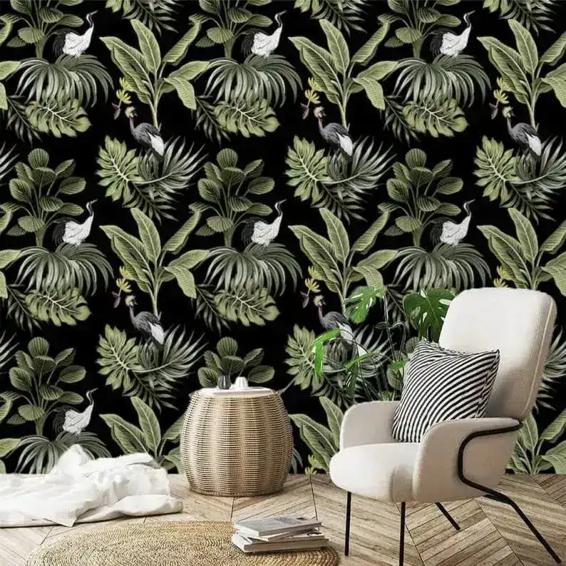 White Cranes and Dark Tropical Plant Leaves Wallpaper - Image 4
